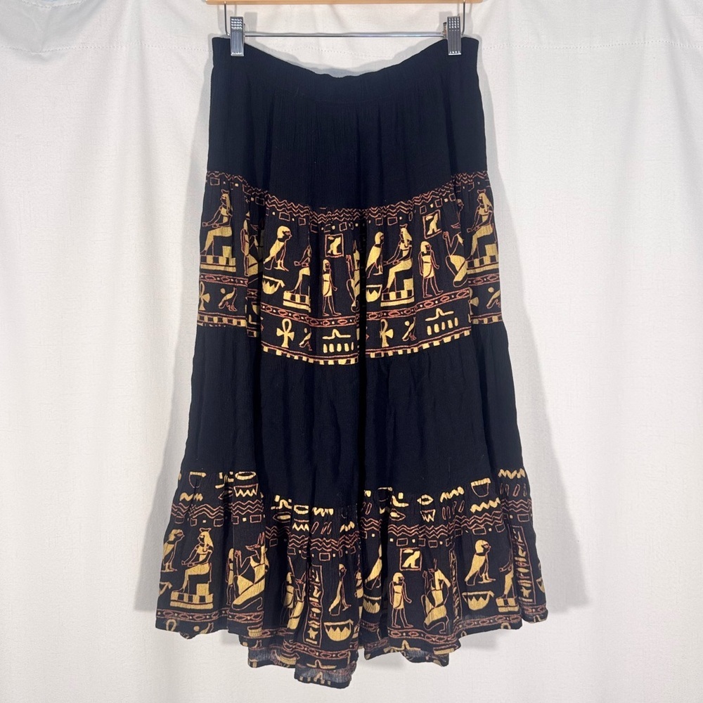 Vintage Black Egyptian Print Midi Skirt